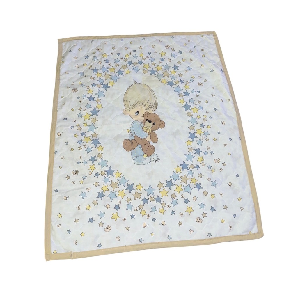 Vintage Precious Moments Quilted Baby Blanket Boy Teddy Bear Stars Blue Tan